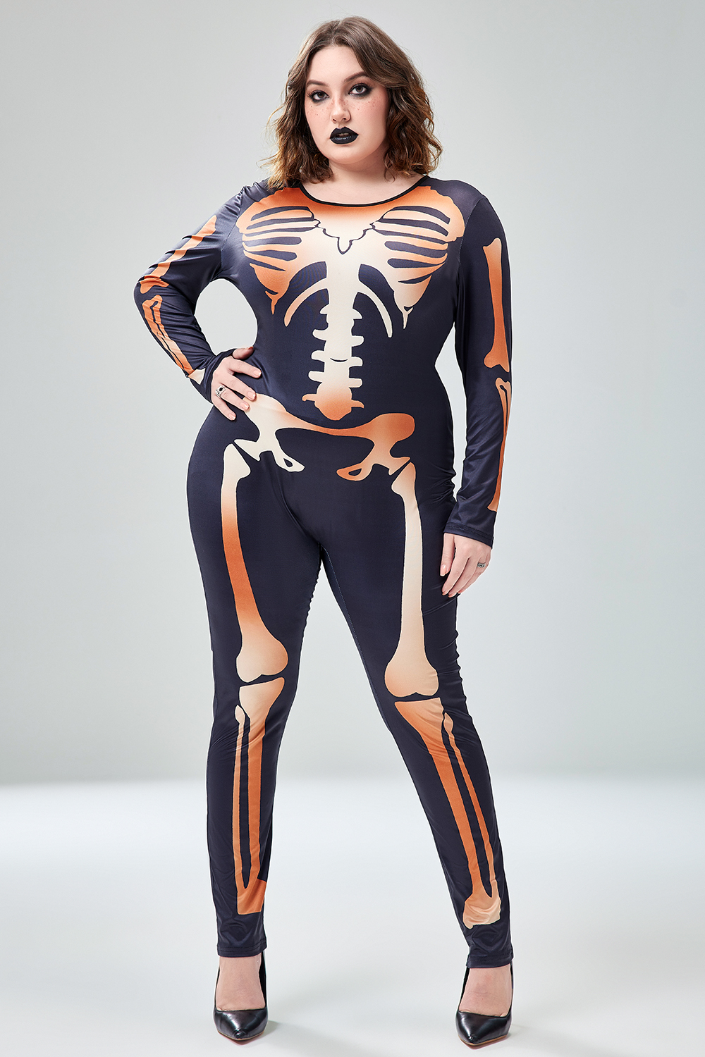 Xpluswear Design Plus Size Halloween Costume Gothic Black Skeleton Print Long Sleeve Knitted Jumpsuit [Pre-Order]