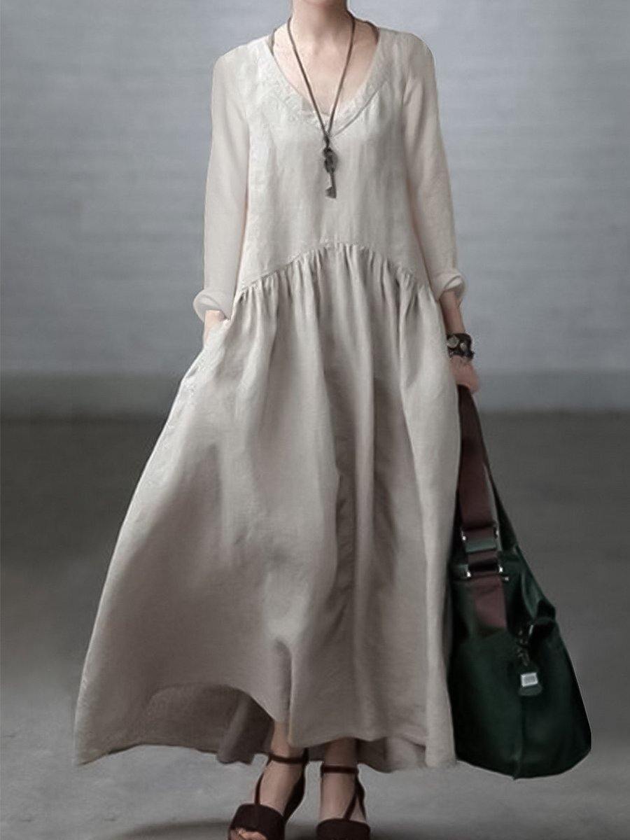 Ivory-lotus Simple and Loose V-neck Cotton and Linen Dress