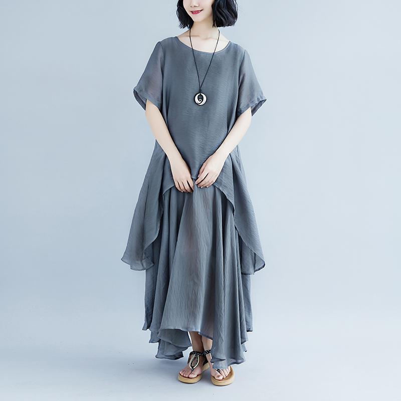 boutique linen dresses oversize Casual Short Sleeve Gray Pockets Fake Two-piece Dress