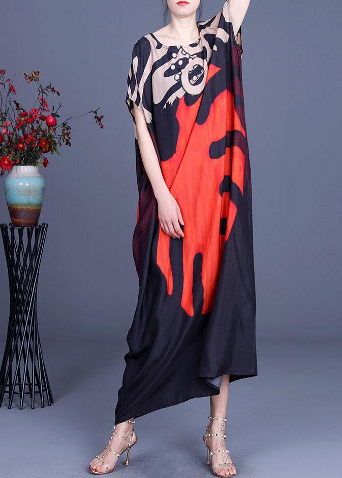 Bohemian Red Print O-Neck Silk Summer Maxi Dresses