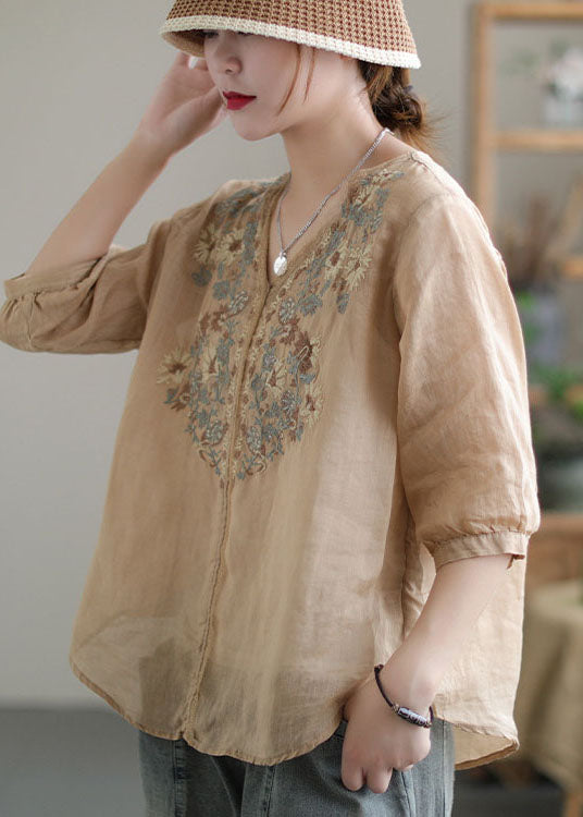 Vintage Khaki Embroideried Lace Patchwork Linen Shirt Top Half Sleeve