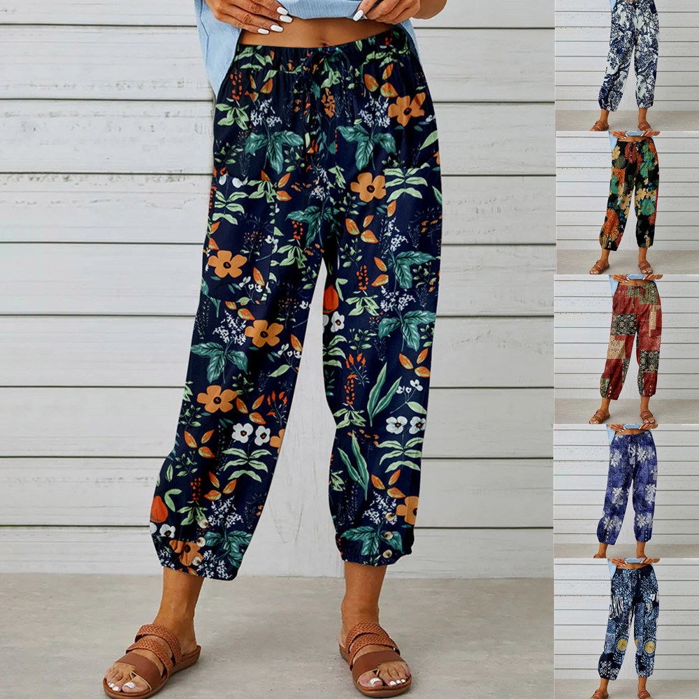 Women's Summer Capri Wide Leg Flower Pants
