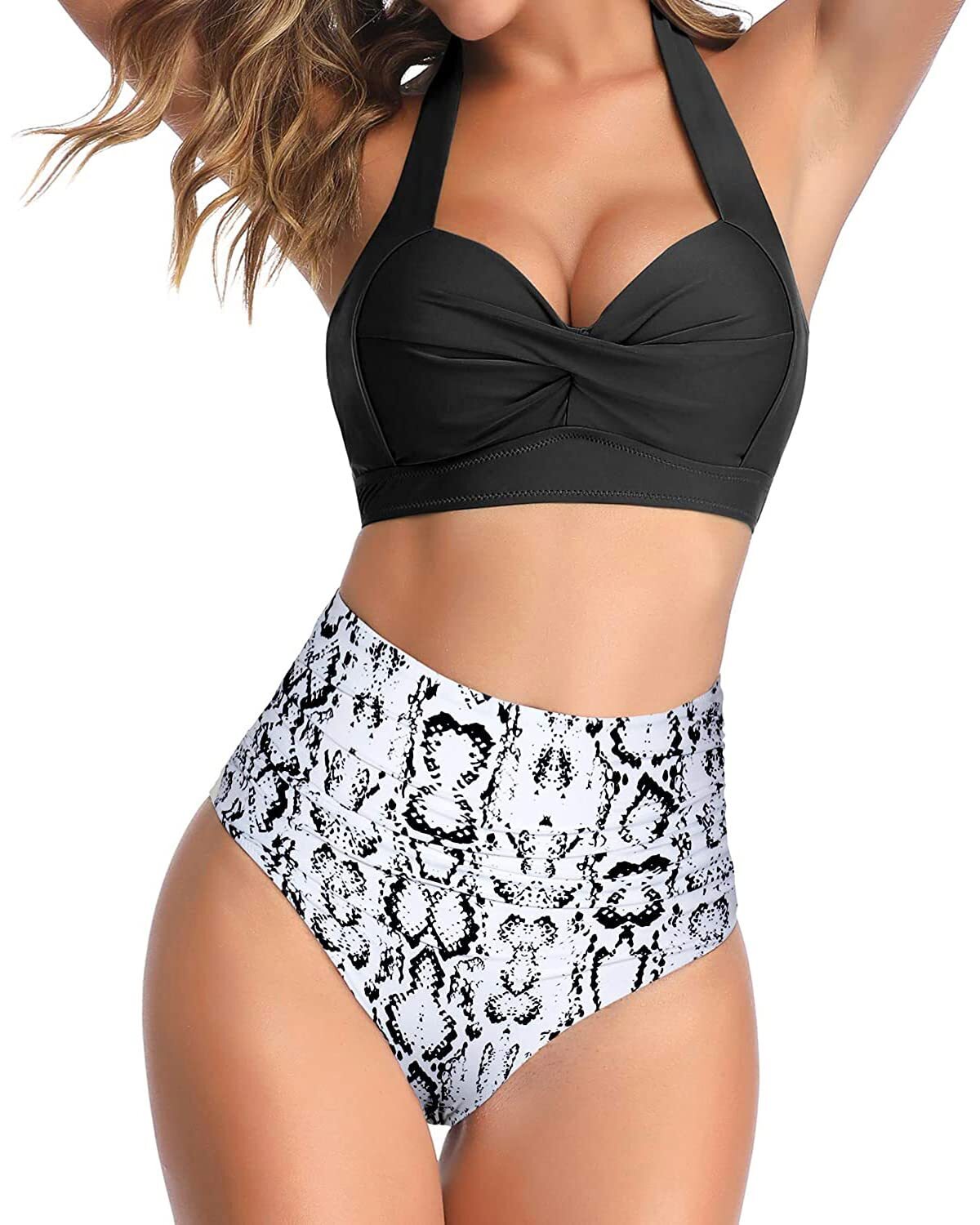 TYPE-04 Women Two Piece Vintage Swimsuit Retro Halter Ruched High Waist Bikini with Bottom