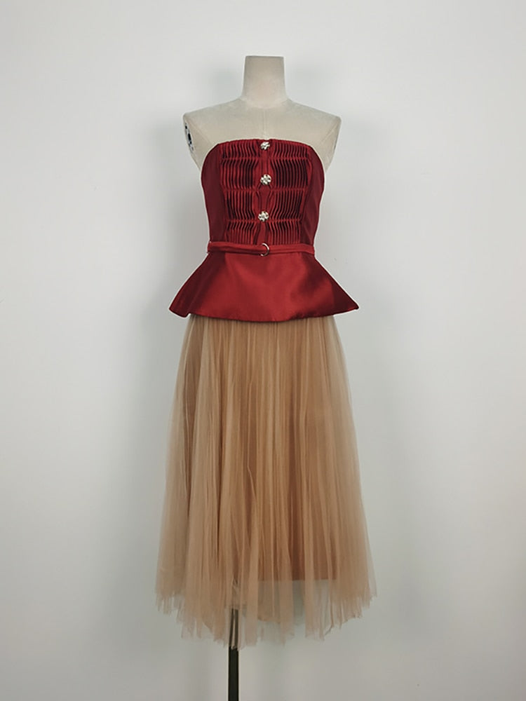 Opulent Red Halter Top & Pink Pleated Skirt 2-Piece Ensemble