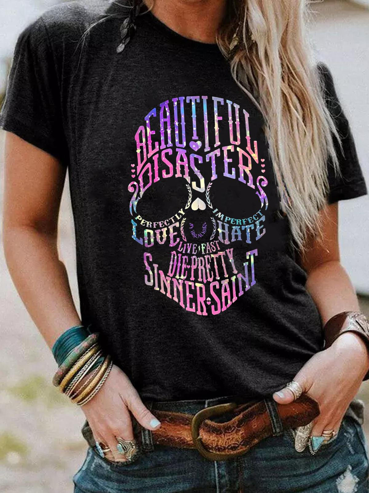 Beautiful Disaster Skull Print T-Shirt