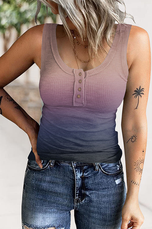 Trixiedress Casual U Neck Buttons Gradient Tank Top