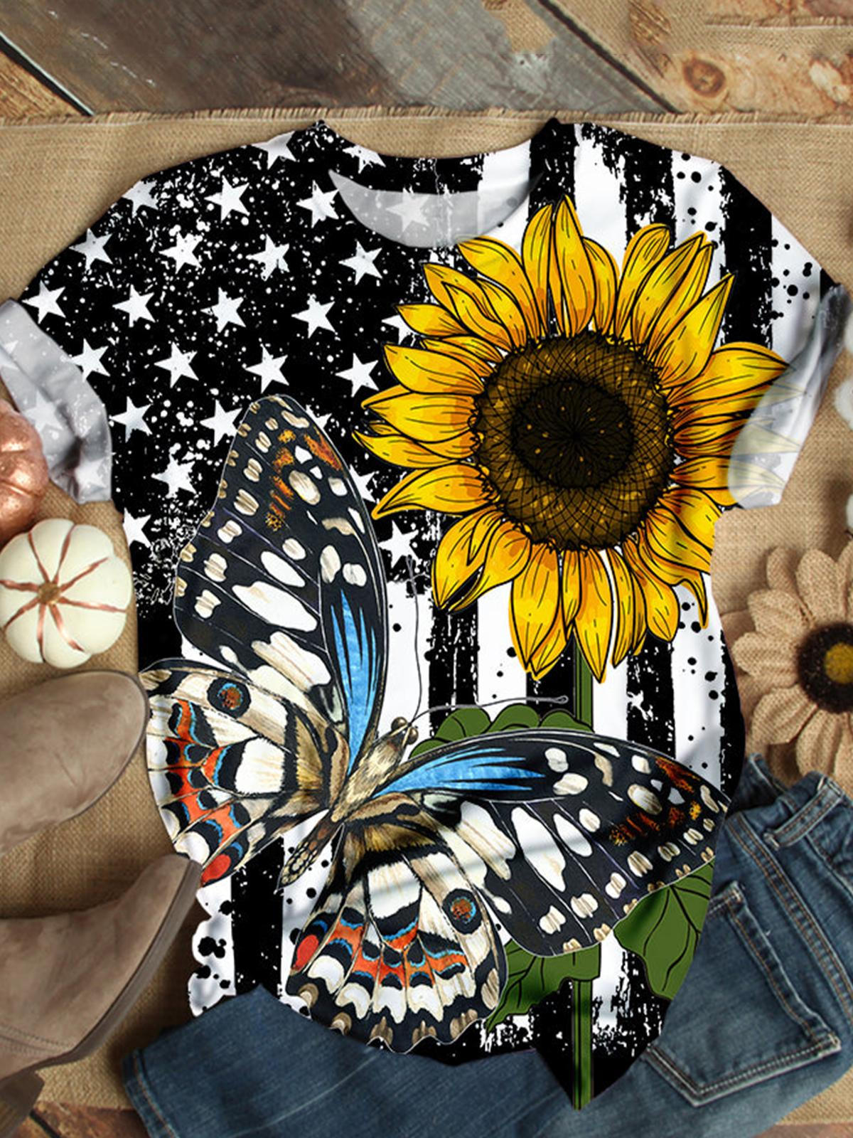 Butterfly Sunflower American Flag T-shirt