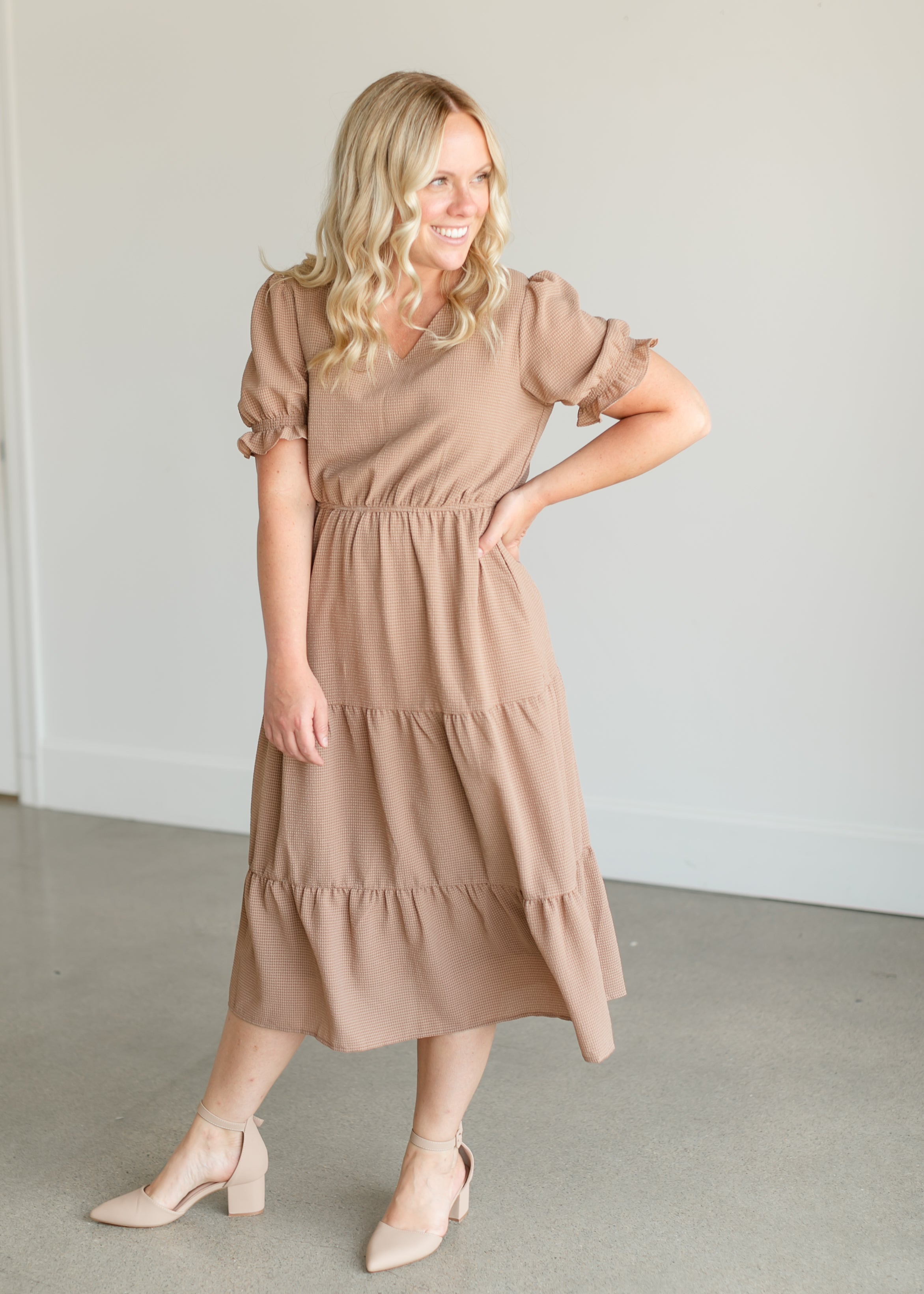 Gingham Tiered V-neck Midi Dress