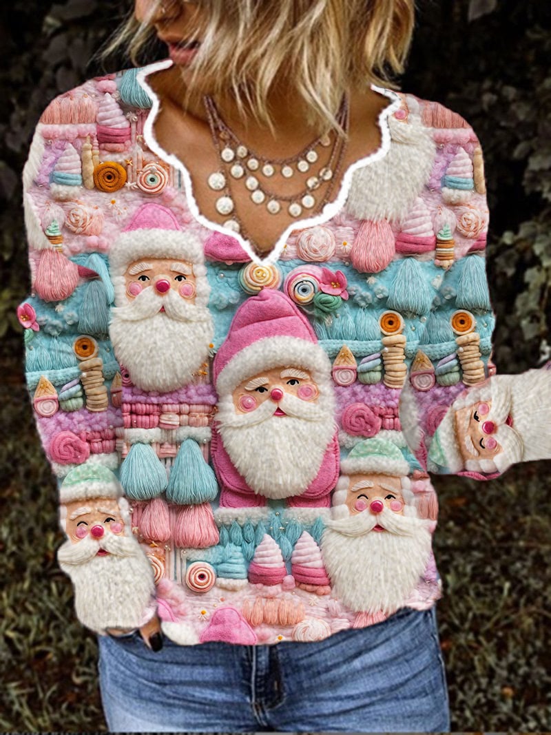 Women's Christmas Pink Santa Claus French Cashmere V-Neck Top