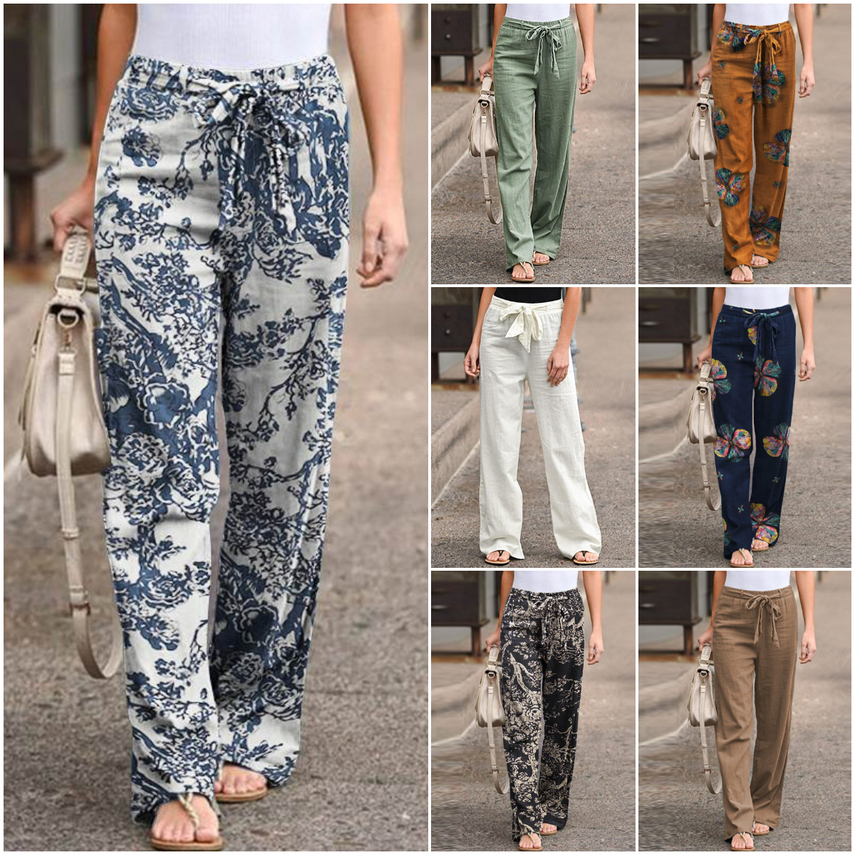 Women's Simple Elastic Waist Printed Cotton Linen Trousers