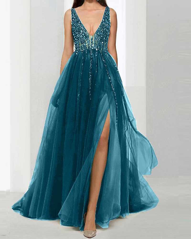 slit sequined Gown chiffon silk maxi dress