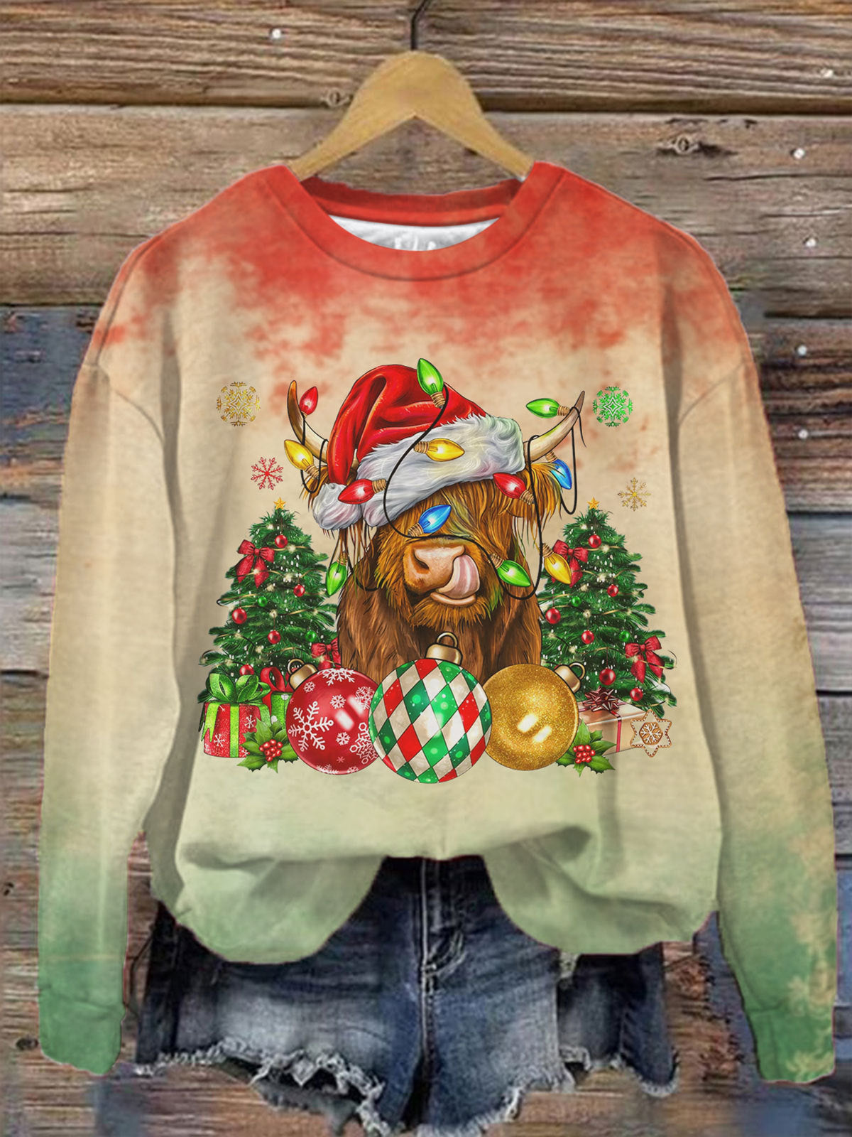 Women's Christmas Highland Cow Print Round Neck Top