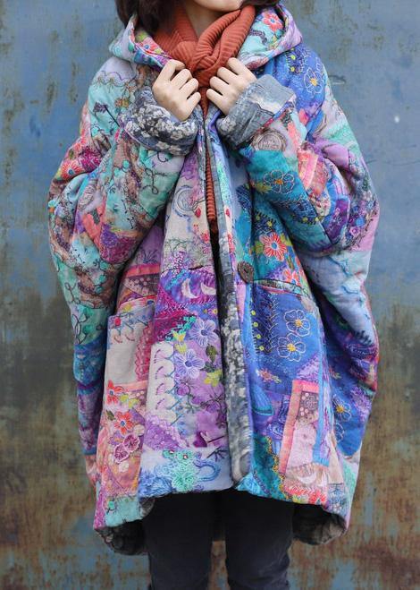 2019 purple prints overcoat oversized warm winter coat hooded patchwork overcoat