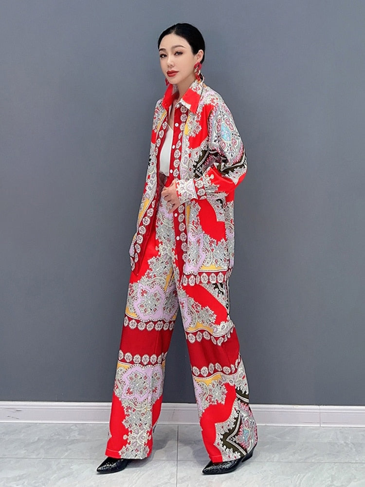 Classy Chic Red Indie Folk Long Sleeve Top & Loose Fit Pants 2-Piece Set