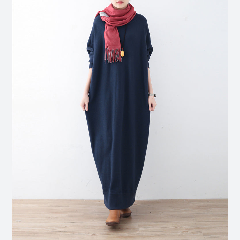 vintage blue knit dress plussize winter dresses Fine batwing sleeve winter dress