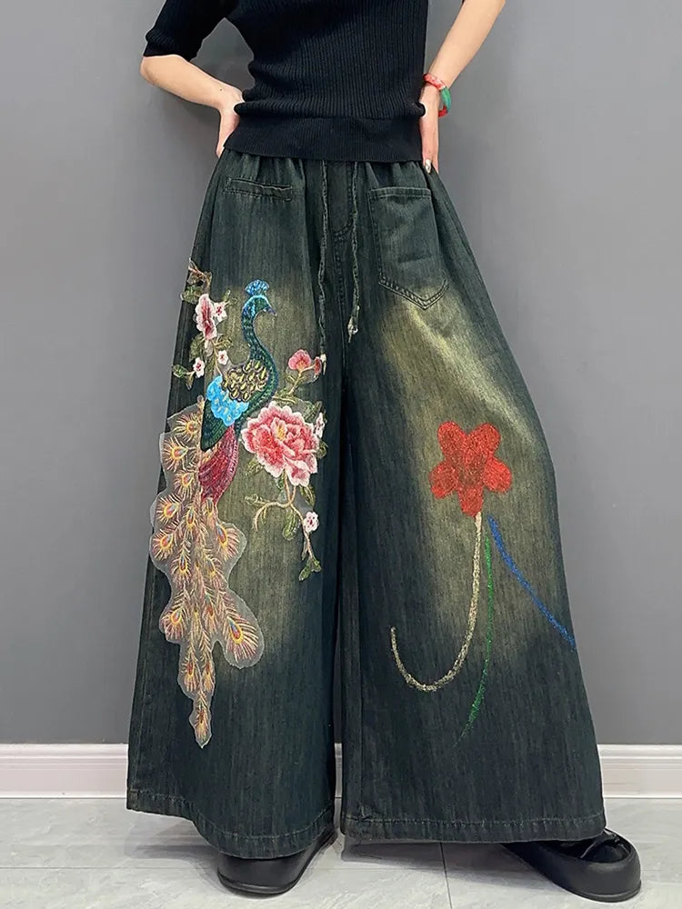 Classic Embroidery Elastic Waist Wide Leg Denim Pants