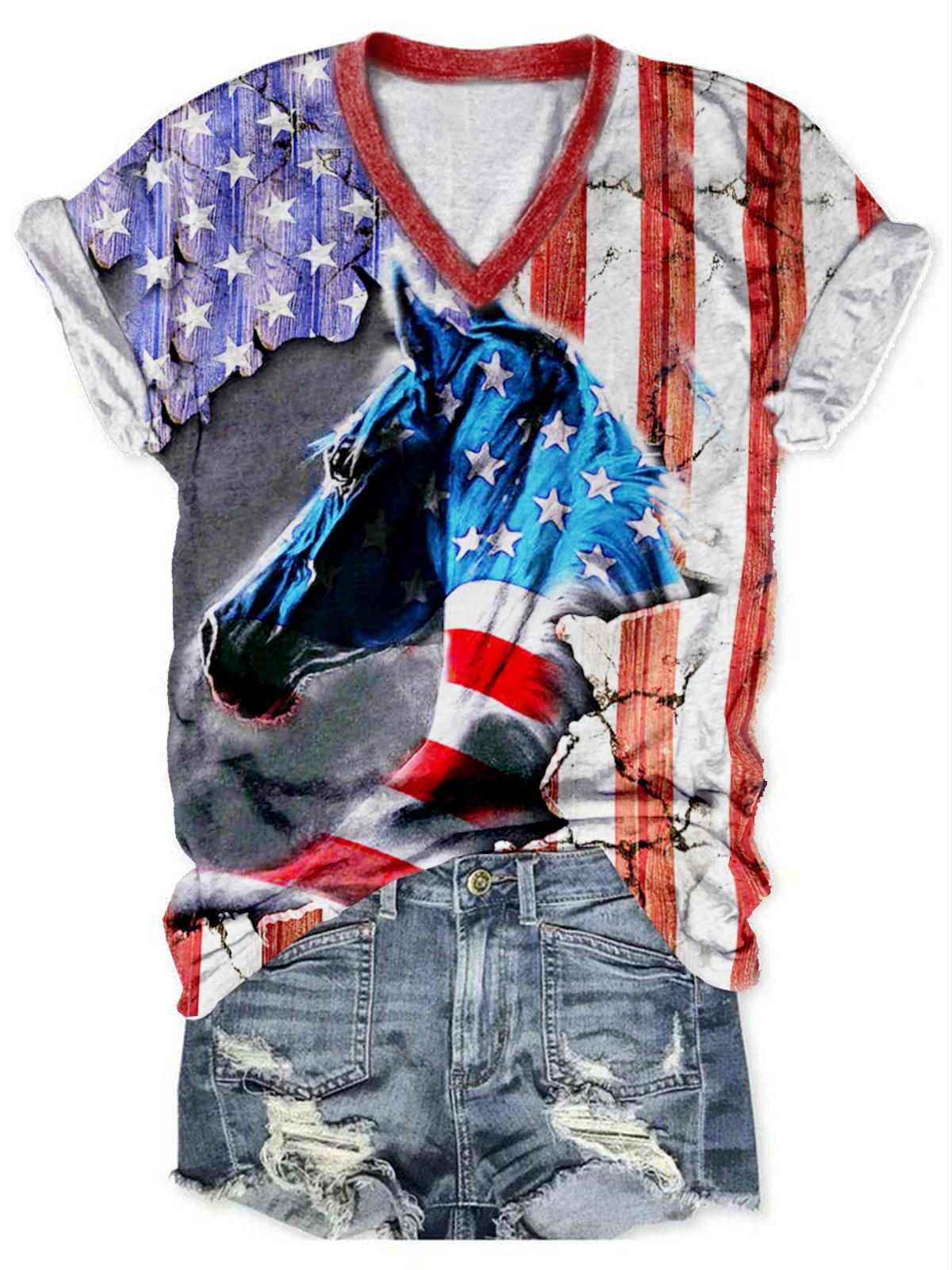 Horse & American flag -3D creative women T-Shirt