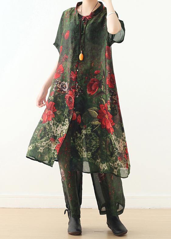New original silk printed large size long coat loose wide leg pants green two-piece